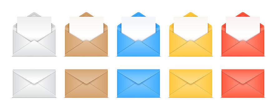 Vector illustration of opened and closed paper envelopes and letters related to mailing and messaging. Realistic mockup or template, isolated on white background