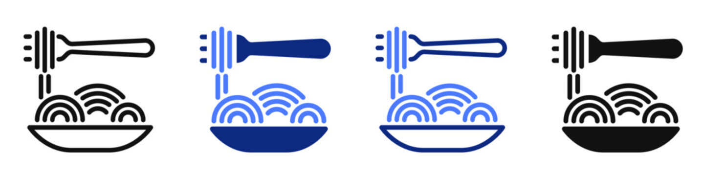 Vector icon or logo of pasta with fork and plate related to fast food, italian kitchen, restaurant business. Symbol for website or app UI, logo design, illustration