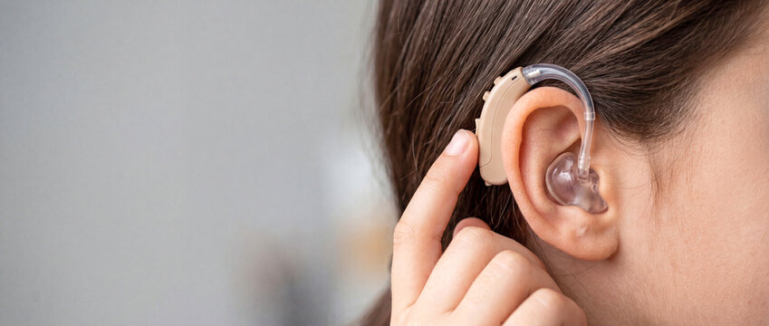Closeup of a young woman adjusting her behindtheear hearing aid