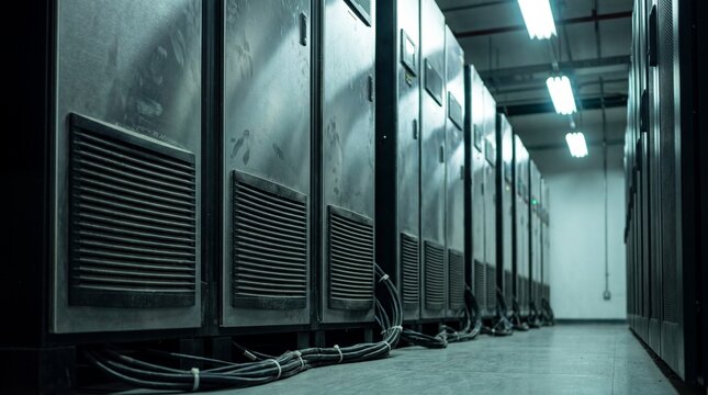Row of Large UPS Power Cabinets Lining a Data Center Electrical Plant Room Aisle