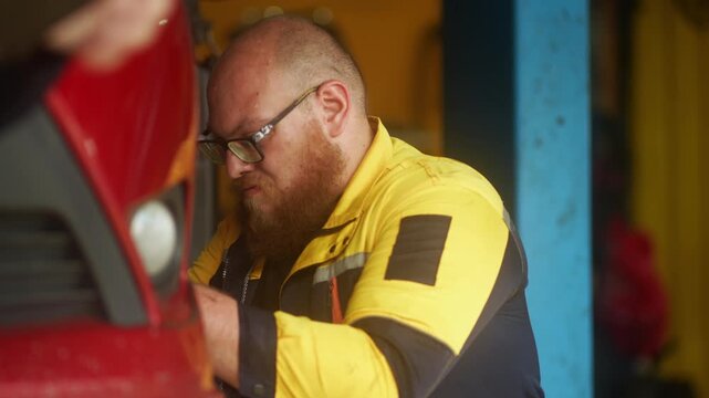 Caucasian male mechanic with glasses and a beard works alongside a female technician, reviewing a digital tablet and giving a thumbs-up. This high-energy commercial imagery represents gender diversity