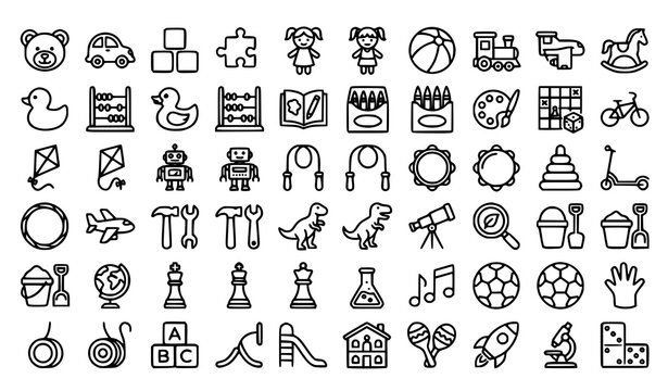 Kids toys monoline icon set with educational games teddy bear puzzles blocks and children entertainment symbols vector illustration editable stroke