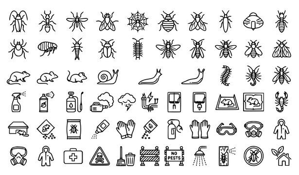 Extermination and pest control outline icon collection with insects rodents traps sprays and hygiene protection vector set