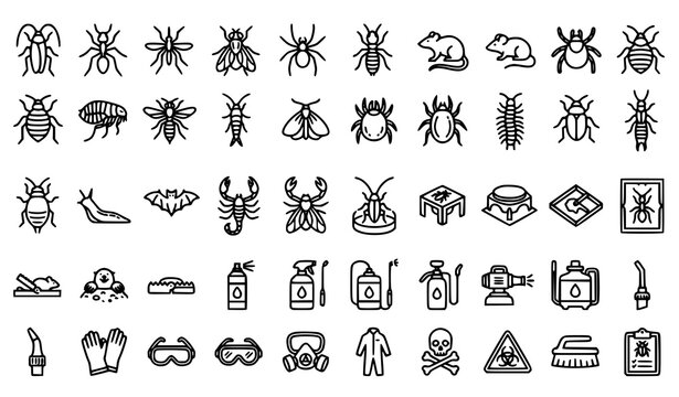 Pest control monoline icon set with insects rodents sprays traps extermination tools and hygiene protection symbols vector illustration editable stroke