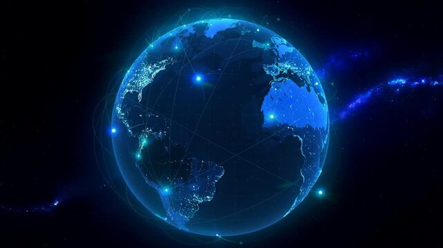 Glowing digital globe showcasing interconnected cities across the Americas with vibrant network connections