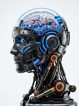 Futuristic robot head with glowing brain and mechanical parts