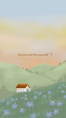Illustration wallpaper of mountain scenery, flower garden and small house © anria