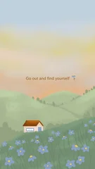 Fototapeten Beige Illustration wallpaper of mountain scenery, flower garden and small house  © anria