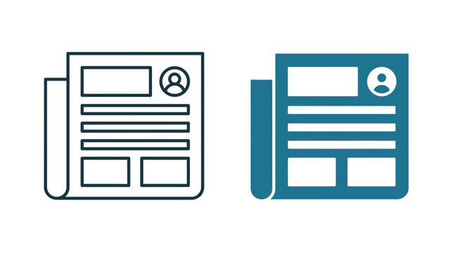 Newspaper Icon Set: Outline and Solid Blue Design