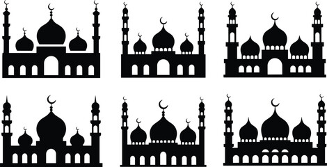 Six black silhouette Islamic mosque buildings with domes and minarets Keywords: mosque, Islamic, building, architecture, religion © mstharisa