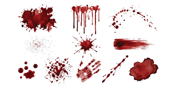 Set of red blood splatters and paint drips for horror and grunge design elements