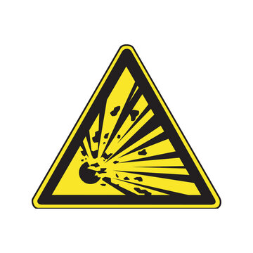 Yellow triangular explosive material warning sign with exploding bomb symbol for hazard safety concept
