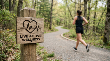 Obraz premium Person Jogging on Forest Trail with Heart Health Wellness Signage Promoting Active Lifestyle and Cardiovascular Fitness