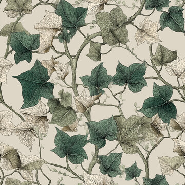 Seamless Vintage Ivy Leaf Pattern with Dark Green Vines and Botanical Foliage on Cream Background