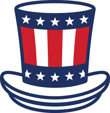 Patriotic Uncle Sam top hat vector, American flag themed stovepipe hat with stars and stripes, United States national symbol for Fourth of July isolated on Transparent Background