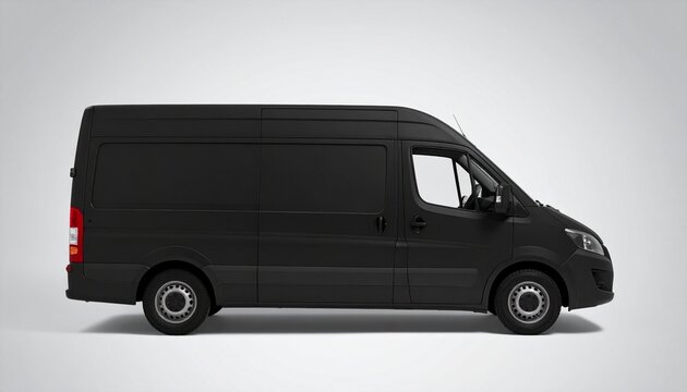 Black commercial cargo van shown in side view against a clean light background, suitable for transportation, delivery, logistics, and business vehicle concepts.