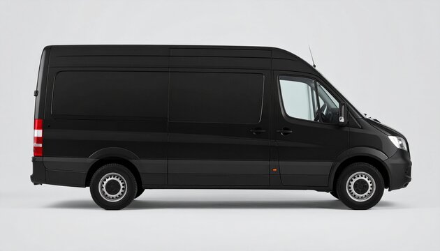 Black commercial cargo van shown in side view against a clean light background, suitable for transportation, delivery, logistics, and business vehicle concepts.