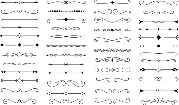 Large set of elegant black line dividers and vintage page flourishes featuring classic scrolls on a clean white background.
