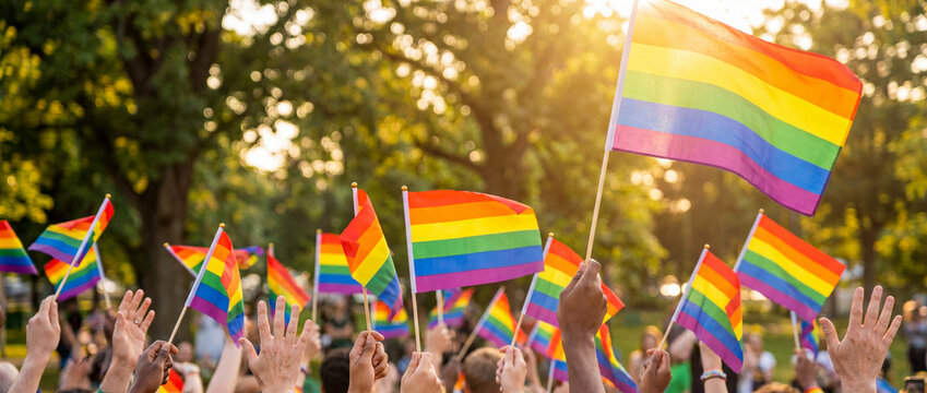 Diverse group of people holding rainbow flags during a pride parade celebration in a park