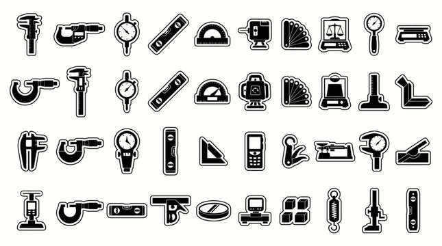 Set of Measuring Tools Icons: Calipers, Micrometers, Levels, Scales
