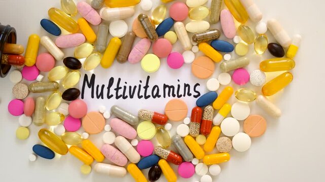 Various tablets and capsules, supplements and vitamins. Selective focus.