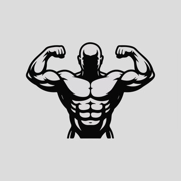 A black and white minimalist logo design of a muscular male bodybuilder's torso and arms against a light gray background. 