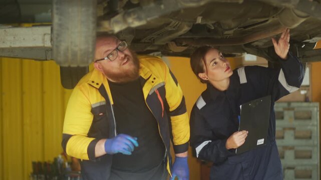 Caucasian male mechanic with glasses and a beard works alongside a female technician, reviewing a digital tablet and giving a thumbs-up. This high-energy commercial imagery represents gender diversity
