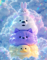 Obraz premium Cute pyramid of funny round animals in the clouds. Bright toys duck, cat, bear and bunny in kawaii style