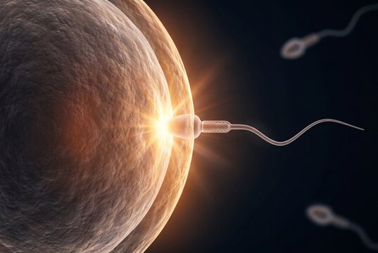 Sperm cell fertilizing an egg cell, 3d illustration of human fertilization process