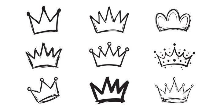 Set of hand drawn crown sketches in black ink style for royal and king queen design elements