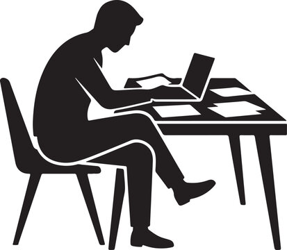 Black silhouette of a man sitting at a desk working on a laptop computer vector illustration