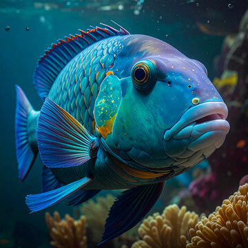 Vibrant blue parrotfish swimming in tropical coral reef underwater