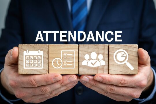 Businessman holding wooden blocks with attendance icons representing time tracking, employee management, and data analysis