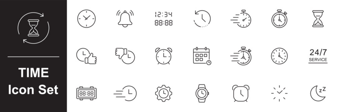 Time and Clock linear icons set. Timer, watch, speed, calendar, alarm clock, representing clock, schedule, deadline, Sand hourglass, date and time management, planning concepts. Editable stroke.  