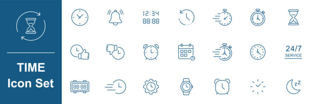 Time and Clock linear icons set. Timer, watch, speed, calendar, alarm clock, representing clock, schedule, deadline, Sand hourglass, date and time management, planning concepts. Editable stroke.  
