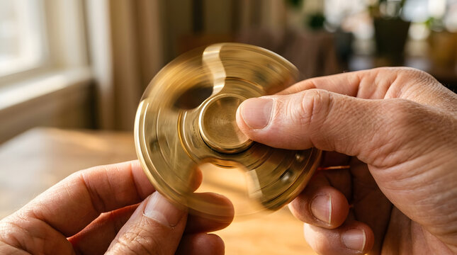 Close up of a mans hands spinning a golden brass fidget spinner toy for stress relief.
