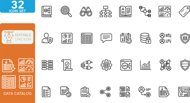 Data catalog line editable Icons set. Vector illustration. 32 editable line icons for business, intelligence and data management. on white background.