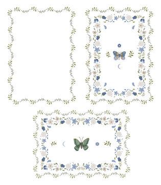 Scandinavian Folk Floral Frames Collection with Butterflies and Botanical Borders