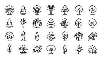 Fototapeta premium Trees Thin Line Icon Set With Forest Park And Garden Nature Symbols