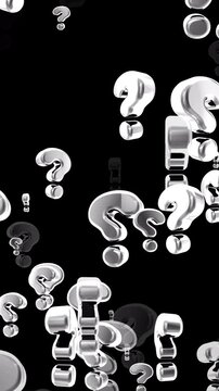 Abstract composition of floating metallic question marks representing uncertainty, curiosity, and search for answers in modern digital space. Ideal for business, education, and problem-solving themes