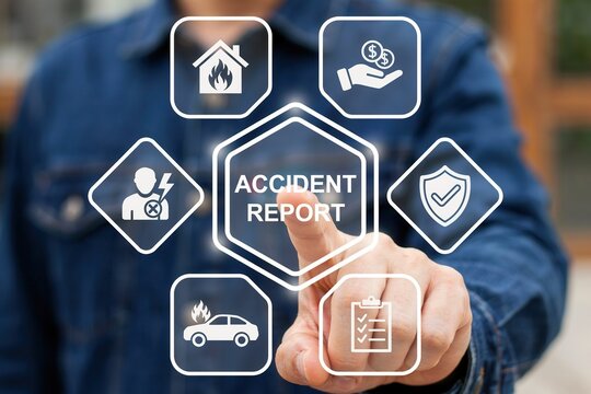Accident report concept with a person touching a digital interface screen showing various insurance icons