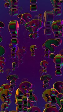 Abstract composition of floating metallic question marks representing uncertainty, curiosity, and search for answers in modern digital space. Ideal for business, education, and problem-solving themes