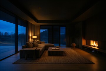 Fototapeta premium Minimalist living room with fireplace and blue hour exterior view