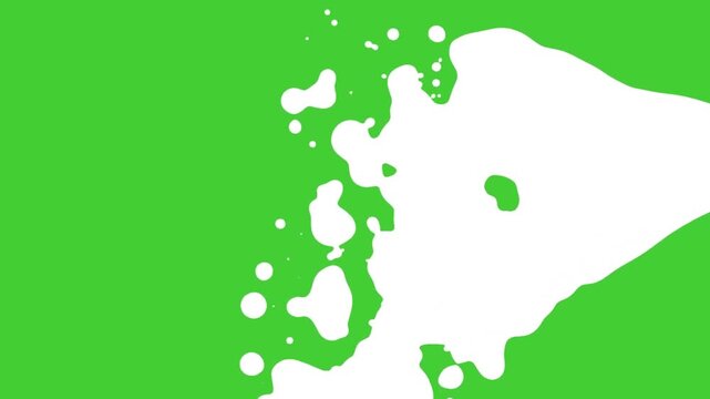 White liquid splash animation transition with abstract ink drops on green screen background.