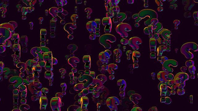 Abstract composition of floating metallic question marks representing uncertainty, curiosity, and search for answers in modern digital space. Ideal for business, education, and problem-solving themes