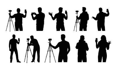 Naklejka premium Collection of Vlogger and Content Creator Black Silhouettes with Phones and Cameras on Tripods Isolated
