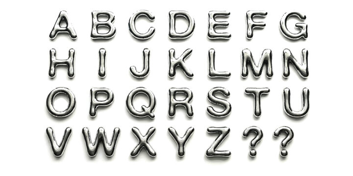 Shiny silver metal alphabet letters set with capital letters a to z and question marks