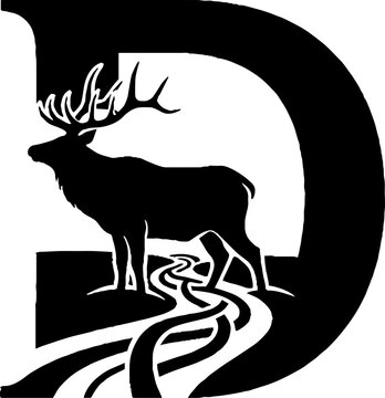 Majestic elk silhouette with flowing river design.