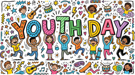 Obraz premium Youth Day Illustration with Diverse Kids Holding Colorful Letters and Celebrating with Music and Skateboard Icons for Campaign Design