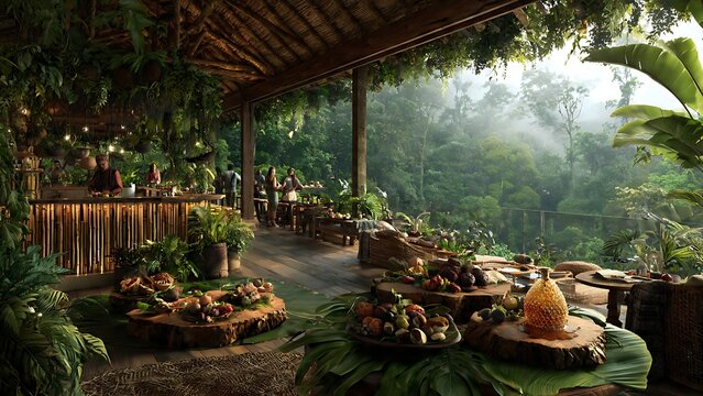 Tropical forest river with wooden dock and boats.